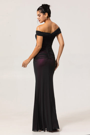 Black Pink Off the Shoulder Sheath Long Bridesmaid Dress